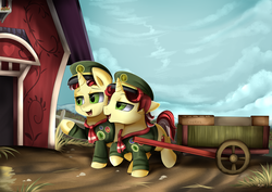 Size: 3550x2509 | Tagged: safe, artist:pridark, flam, flim, pony, unicorn, g4, barn, brothers, clothes, colt, cookie, crossdressing, filly guides, flim flam brothers, food, high res, male, scout, siblings, sky, smiling, twins, wagon, younger
