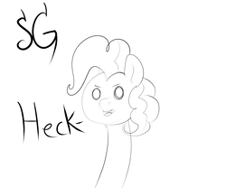 Size: 6000x5000 | Tagged: safe, artist:sunlightgryphon, derpibooru exclusive, pinkie pie, earth pony, pony, g4, absurd resolution, female, heck, impossibly long neck, lineart, long neck, looking at you, mare, monochrome, open mouth, simple background, solo, text, wat, white background