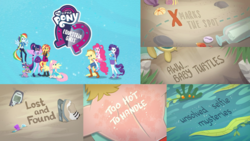 Size: 3643x2048 | Tagged: safe, applejack, fluttershy, pinkie pie, rainbow dash, rarity, sci-twi, spike, spike the regular dog, sunset shimmer, twilight sparkle, dog, aww... baby turtles, equestria girls, g4, lost and found, my little pony equestria girls: better together, too hot to handle, unsolved selfie mysteries, x marks the spot, baby turtle, converse, eqg series (season 1), equestria girls logo, high res, humane five, humane seven, humane six, sci-twilicorn, shoes, title card