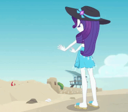 Size: 752x660 | Tagged: safe, screencap, rarity, crab, aww... baby turtles, equestria girls, g4, my little pony equestria girls: better together, animated, bandana, beach, clothes, cloud, crab fighting a giant rarity, cropped, feet, female, flip-flops, gif, hat, rarity fighting a giant crab, rarity fighting a regular sized crab, rarity's blue sarong, rarity's purple bikini, role reversal, sand, sandals, sarong, sky, solo, sun hat, swimsuit