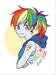 Size: 679x909 | Tagged: safe, artist:dcon, rainbow dash, equestria girls, g4, alternative cutie mark placement, female, looking at you, ponytail, shoulder cutie mark, simple background, solo, text, white background