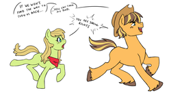 Size: 1000x555 | Tagged: safe, artist:pikokko, oc, oc only, oc:golden delicious, oc:seed seeker (syd), earth pony, pony, kilalaverse, accessory swap, brother and sister, cowboy hat, duo, female, hat, interdimensional siblings, male, mare, missing cutie mark, neckerchief, offspring, parent:applejack, parent:caramel, parents:carajack, personality swap, simple background, stallion, unshorn fetlocks, white background