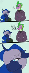 Size: 1000x2440 | Tagged: safe, artist:moonakart13, artist:moonaknight13, princess luna, spike, g4, blushing, clothes, crying, disappointed, freckles, grumpy, smiling, tears of pain, text