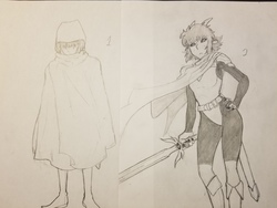Size: 4032x3024 | Tagged: safe, artist:dj-black-n-white, oc, oc only, oc:kimmy and mera, human, satyr, cloak, clothes, dungeons and dragons, humanized, offspring, parent:chimera sisters, sword, traditional art, weapon
