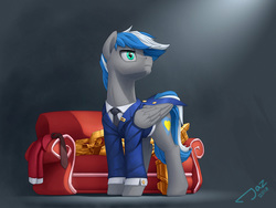 Size: 2659x2000 | Tagged: safe, artist:1jaz, oc, oc only, oc:cloud zapper, pegasus, pony, pony town, armor, clothes, commission, couch, high res, male, necktie, solo, stallion, suit