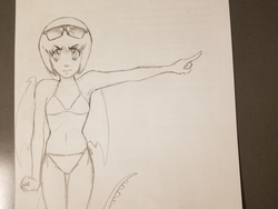Size: 4032x3024 | Tagged: safe, artist:dj-black-n-white, oc, oc only, oc:frankie, satyr, angry, armpits, bra, clothes, offspring, panties, parent:cockatrice, pointing, sunglasses, traditional art, underwear