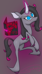 Size: 750x1305 | Tagged: safe, artist:soctavia, fhtng th§ ¿nsp§kbl, oleander (tfh), classical unicorn, pony, unicorn, them's fightin' herds, book, cloven hooves, colored hooves, community related, curved horn, female, glowing horn, horn, leonine tail, levitation, magic, raised hoof, simple background, solo, telekinesis, unicornomicon, unshorn fetlocks