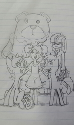 Size: 1727x2895 | Tagged: safe, artist:vinny, oc, oc only, oc:glimmer, oc:hope, satyr, lined paper, monochrome, offspring, parent:lyra heartstrings, parent:twilight sparkle, sketch, traditional art