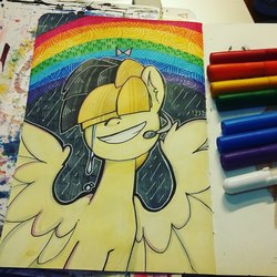 Size: 1280x1280 | Tagged: safe, artist:colouredteapot, songbird serenade, pony, g4, my little pony: the movie, crying, female, headworn microphone, rainbow, solo, traditional art