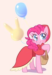 Size: 827x1181 | Tagged: dead source, safe, artist:haden-2375, pinkie pie, earth pony, pony, g4, balloon, bowtie, cape, clothes, female, little red riding hood, looking at you, mare, picnic blanket, simple background, solo