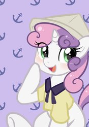 Size: 826x1181 | Tagged: dead source, safe, artist:haden-2375, sweetie belle, pony, unicorn, g4, anchor, clothes, cute, diasweetes, female, filly, hat, looking at you, paper hat, solo