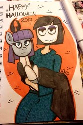 Size: 1215x1817 | Tagged: safe, artist:colouredteapot, maud pie, human, pony, g4, carrying, clothes swap, creepy susie, crossover, female, halloween, holiday, swap, the oblongs, traditional art