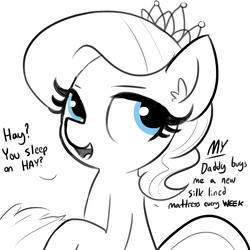 Size: 1650x1650 | Tagged: safe, artist:tjpones, diamond tiara, earth pony, pony, g4, dialogue, ear fluff, female, filly, hay, jewelry, monochrome, open mouth, partial color, simple background, sketch, smiling, solo, tiara, white background