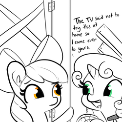 Size: 1650x1650 | Tagged: safe, artist:tjpones, apple bloom, sweetie belle, earth pony, pony, unicorn, g4, bust, cute, dialogue, diasweetes, duo, duo female, ear fluff, exact words, female, filly, hammer, monochrome, partial color, raised hoof, rope, simple background, sketch, smiling, sweetiedumb, this will end in tears and/or death and/or covered in tree sap, this will end well, this will not end well, what could possibly go wrong, white background