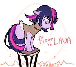 Size: 1631x1440 | Tagged: safe, artist:co11on-art, twilight sparkle, pony, unicorn, g4, adorable distress, clothes, cute, dress, female, floppy ears, lava, mare, scared, simple background, solo, starry eyes, stool, the floor is lava, white background, wingding eyes