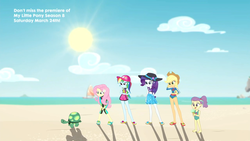 Size: 1280x720 | Tagged: safe, screencap, applejack, fluttershy, lily pad (g4), rainbow dash, rarity, tank, tortoise, aww... baby turtles, equestria girls, g4, my little pony equestria girls: better together, cap, clothes, feet, flip-flops, fluttershy's wetsuit, food, hat, ice cream, midriff, one-piece swimsuit, rainbow dash's beach shorts swimsuit, rock horse, sandals, sarong, sun hat, swimsuit, wetsuit, young