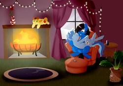 Size: 4000x2783 | Tagged: safe, artist:klngkumquat, oc, oc:blue apple, oc:conicaw, pony, unicorn, commission, couple, cuddling, fireplace, plants, plushie, room