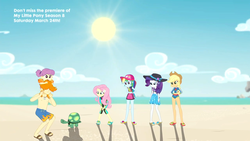 Size: 1280x720 | Tagged: safe, screencap, applejack, fluttershy, rainbow dash, rarity, tank, valhallen, water lily (g4), human, tortoise, aww... baby turtles, equestria girls, g4, my little pony equestria girls: better together, baby, background human, beach, cap, clothes, feet, flip-flops, fluttershy's wetsuit, geode of fauna, geode of shielding, geode of super speed, geode of super strength, hat, magical geodes, male, male feet, male nipples, nipples, piggyback ride, rainbow dash's beach shorts swimsuit, rock horse, sandals, sarong, sun hat, swimsuit, wetsuit, young