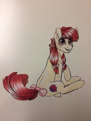 Size: 2448x3264 | Tagged: safe, artist:tillie-tmb, apple bloom, earth pony, pony, g4, bow, female, high res, sitting, solo, tail bow, traditional art