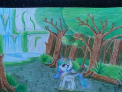 Size: 4128x3096 | Tagged: safe, artist:ironbeastz, princess celestia, pony, g4, chibi, cute, female, forest, high res, solo, traditional art, tree, waterfall
