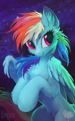 Size: 791x1280 | Tagged: safe, artist:hioshiru, rainbow dash, pegasus, pony, beautiful, belly, belly fluff, cheek fluff, chest fluff, cloud, cute, dashabetes, ear fluff, female, fluffy, leg fluff, long tail, mare, night, night sky, partially open wings, raised hooves, rearing, sky, slim, smiling, solo, stars, tail, windswept mane, wing fluff, wings