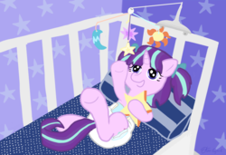 Size: 1609x1100 | Tagged: safe, artist:oliver-england, starlight glimmer, pony, unicorn, g4, adult foal, age regression, bow, crib, crib mobile, cute, diaper, female, filly, filly starlight glimmer, glimmerbetes, hair bow, mobile, moon, non-baby in diaper, open mouth, pigtails, pillow, poofy diaper, reaching, smiling, solo, starlight diaper, stars, story in the source, sun, underhoof, wallpaper, walls