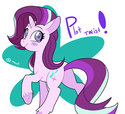 Size: 1546x1416 | Tagged: safe, artist:1racat, starlight glimmer, pony, unicorn, g4, blushing, butt, cute, female, looking back, mare, plot, raised hoof, smiling, solo, unshorn fetlocks