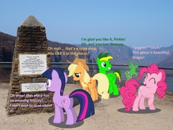 Size: 1024x766 | Tagged: safe, artist:didgereethebrony, applejack, gummy, pinkie pie, twilight sparkle, oc, oc:didgeree, g4, blue mountains, dialogue, grammar error, irl, lookout, mlp in australia, photo, ponies in real life