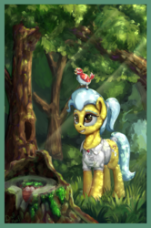 Size: 1480x2225 | Tagged: safe, artist:drafthoof, doctor fauna, bird, pony, g4, forest, scenery, smiling, solo, tree, tree stump