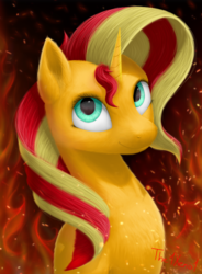 Size: 1003x1365 | Tagged: safe, artist:the1xeno1, sunset shimmer, pony, unicorn, g4, female, mare, smiling, solo