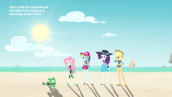Size: 800x450 | Tagged: safe, screencap, applejack, derpy hooves, fluttershy, lily pad (g4), rainbow dash, rarity, tank, valhallen, water lily (g4), tortoise, aww... baby turtles, equestria girls, g4, my little pony equestria girls: better together, animated, baby, background human, belly button, clothes, feet, flip-flops, food, geode of fauna, geode of shielding, geode of super speed, geode of super strength, gif, ice cream, magical geodes, male, midriff, one-piece swimsuit, piggyback ride, rock horse, sandals, sonic the hedgehog, sonic the hedgehog (series), swimsuit, time-lapse, trolling, you're too slow, young