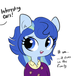 Size: 1650x1650 | Tagged: safe, artist:tjpones, oc, oc only, oc:sparkling sapphire, equestria girls, g4, bust, clothes, dialogue, ear fluff, female, magical lesbian spawn, next generation, offscreen character, offspring, older, open mouth, parent:sci-twi, parent:sunset shimmer, parents:scitwishimmer, pony ears, shirt, simple background, smiling, solo, white background
