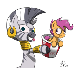 Size: 900x790 | Tagged: safe, artist:hc0, scootaloo, zecora, pegasus, pony, zebra, bipedal, bucket, chicken meat, crossing the line twice, derp, duo, female, filly, food, fried chicken, frightened, frown, funny, grin, gritted teeth, hoof hold, imminent vore, kfc, meat, racism, raised leg, scared, scootachicken, silly, simple background, smiling, stereotype, sweat, sweatdrop, tongue out, transparent background, we are going to hell, worried, zebras as black people stereotype