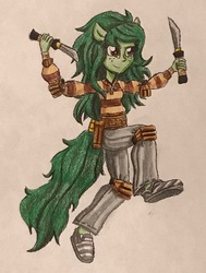 Size: 2300x3037 | Tagged: safe, artist:bozzerkazooers, wallflower blush, equestria girls, g4, my little pony equestria girls: better together, high res, knife, ponied up, traditional art, weapon