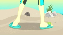 Size: 4090x2251 | Tagged: safe, screencap, fluttershy, aww... baby turtles, equestria girls, g4, my little pony equestria girls: better together, beach, clothes, cropped, feet, flip-flops, heel pop, legs, pictures of legs, sandals, solo, swimsuit, wetsuit