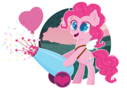 Size: 3500x2480 | Tagged: safe, artist:0okami-0ni, pinkie pie, earth pony, pony, g4, balloon, confetti, cupid, digital art, female, heart, heart balloon, hearts and hooves day, high res, holiday, mare, party cannon, simple background, solo, transparent background, valentine's day, wings