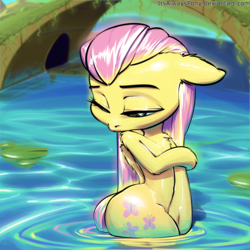 Size: 3000x3000 | Tagged: safe, artist:itsalwayspony, fluttershy, pegasus, pony, semi-anthro, g4, bathing, beautiful, bipedal, bridge, chest fluff, child bearing hips, female, high res, lilypad, mare, one eye closed, outdoor bathing, outdoors, public bathing, solo, water, wet mane, wide hips