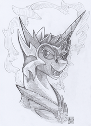 Size: 2343x3250 | Tagged: safe, artist:stormblaze-pegasus, daybreaker, alicorn, pony, g4, evil smile, female, grin, helmet, high res, mare, monochrome, sharp teeth, simple background, sketch, smiling, solo, teeth, traditional art