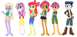 Size: 4008x1948 | Tagged: safe, artist:chipmunkraccoon2, artist:jawsandgumballfan24, artist:owletbrigthness, edit, apple bloom, babs seed, dinky hooves, rumble, scootaloo, sweetie belle, equestria girls, g4, barefoot, clothes, cute, equestria girls-ified, feet