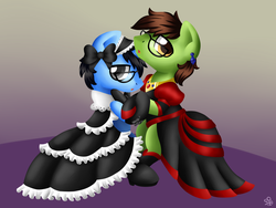 Size: 1400x1050 | Tagged: safe, artist:sabrib, oc, oc only, oc:analogue, oc:tinker doo, bow, clothes, crossdressing, dancing, dress, ear piercing, earring, glasses, jewelry, looking at you, male, piercing, stallion