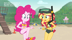 Size: 1920x1080 | Tagged: safe, screencap, pinkie pie, sunset shimmer, equestria girls, equestria girls series, g4, unsolved selfie mysteries, beach shorts swimsuit, belly button, bikini, clothes, dive mask, duo, duo female, female, midriff, one-piece swimsuit, snorkel, sunset shimmer's beach shorts swimsuit, swimsuit