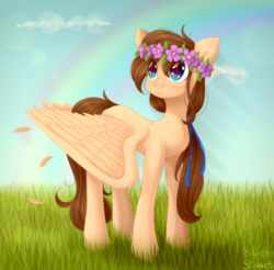 Size: 2043x2010 | Tagged: safe, artist:pony-ellie-stuart, oc, oc only, pegasus, pony, cloud, feather, female, floral head wreath, flower, grass, high res, large wings, looking up, mare, rainbow, sky, solo, spread wings, wings