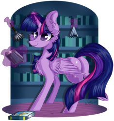 Size: 1077x1148 | Tagged: safe, artist:woonborg, twilight sparkle, alicorn, pony, g4, book, bookshelf, duster, female, glowing horn, handkerchief, horn, levitation, library, magic, mare, smiling, solo, telekinesis, twilight sparkle (alicorn), wings