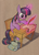 Size: 1675x2314 | Tagged: safe, artist:vistamage, twilight sparkle, pony, unicorn, g4, bag, brown background, chair, curved horn, desk, female, glowing horn, horn, magic, magic aura, mare, purple smart, quill, simple background, sitting, smiling, solo, telekinesis, unicorn twilight, writing