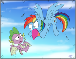 Size: 3300x2550 | Tagged: safe, artist:loreto-arts, rainbow dash, spike, dragon, pegasus, pony, g4, duo, flying, high res, winged spike, wings, yelling