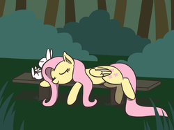 Size: 1800x1350 | Tagged: safe, artist:flutterluv, angel bunny, fluttershy, pegasus, pony, g4, angelbetes, bench, cute, duo, eyes closed, female, mare, ponified animal photo, shyabetes, sleeping, smiling
