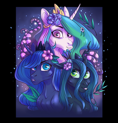 Size: 1600x1660 | Tagged: safe, artist:hollybright, princess celestia, princess luna, queen chrysalis, alicorn, changeling, changeling queen, pony, g4, crown, female, flower, flower in hair, hoers, jewelry, looking at you, mare, regalia, royal sisters, smiling, trio