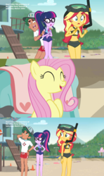 Size: 1280x2157 | Tagged: safe, screencap, fluttershy, sci-twi, sunset shimmer, timber spruce, twilight sparkle, pegasus, pony, equestria girls, g4, my little pony equestria girls: better together, unsolved selfie mysteries, beach shorts swimsuit, belly button, bikini, clothes, cute, dive mask, female, geode of empathy, geode of telekinesis, lifeguard timber, magical geodes, male, midriff, scared, shyabetes, snorkel, sunset shimmer's beach shorts swimsuit, swimsuit, trio, unamused