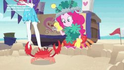 Size: 800x450 | Tagged: safe, screencap, pinkie pie, rarity, crab, equestria girls, g4, my little pony equestria girls: better together, too hot to handle, and then there's rarity, animated, clothes, costume, dress up, female, hat, rock horse, swimsuit