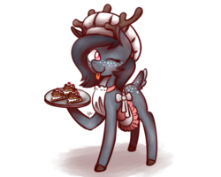 Size: 1280x1024 | Tagged: safe, artist:sugar morning, oc, oc only, oc:gene, deer, reindeer, apron, baking, clothes, commission, cute, delicious, female, food, mare, one eye closed, simple background, snack, solo, standing, sweet, tongue out, transparent background, wink